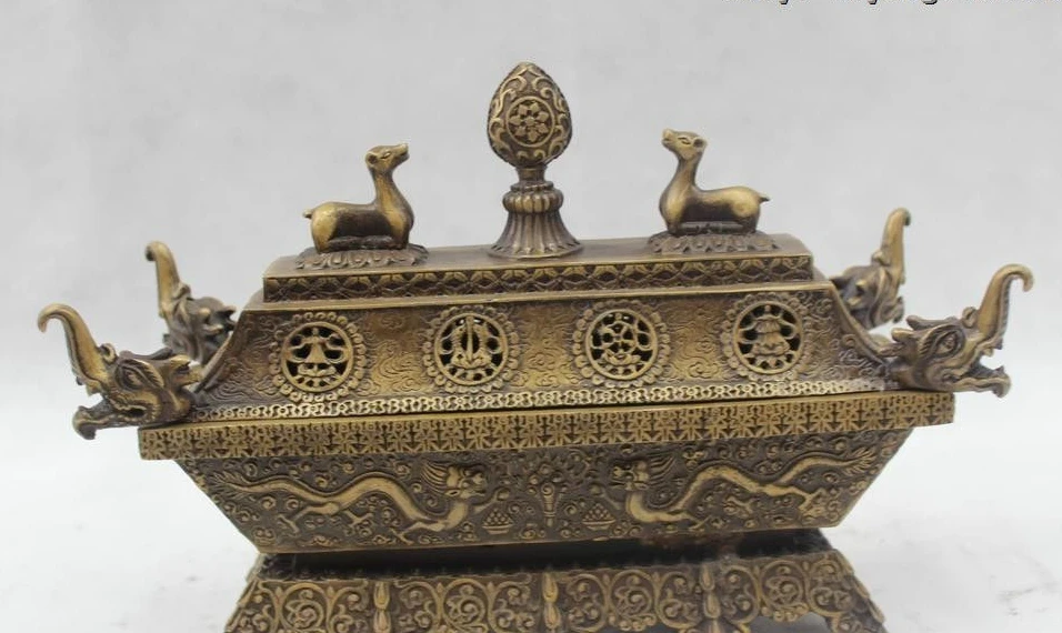 

8"Chinese Folk Pure Bronze Lucky excellent Dragon eight treasures incense burner