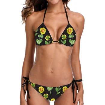 

INSTANTARTS Summer Sexy Bikini Set Woman Sunflower Printed Ladies Push Up Bathing Swimsuits Halter Padded Swimming Wear Push Up