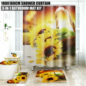 

Sunflower Shower Curtain with 12 Hooks /Bath Mat/Toilet Pad Set Character Pattern Anti-slip Toilets Pattern Carpet
