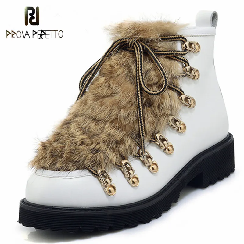 

Prova Perfetto Winter Rabbit Fur Ankle Boots Women Shoe Laces Metal Punk Style Boot Leather Platform Thick Sole Motorcycle Boots