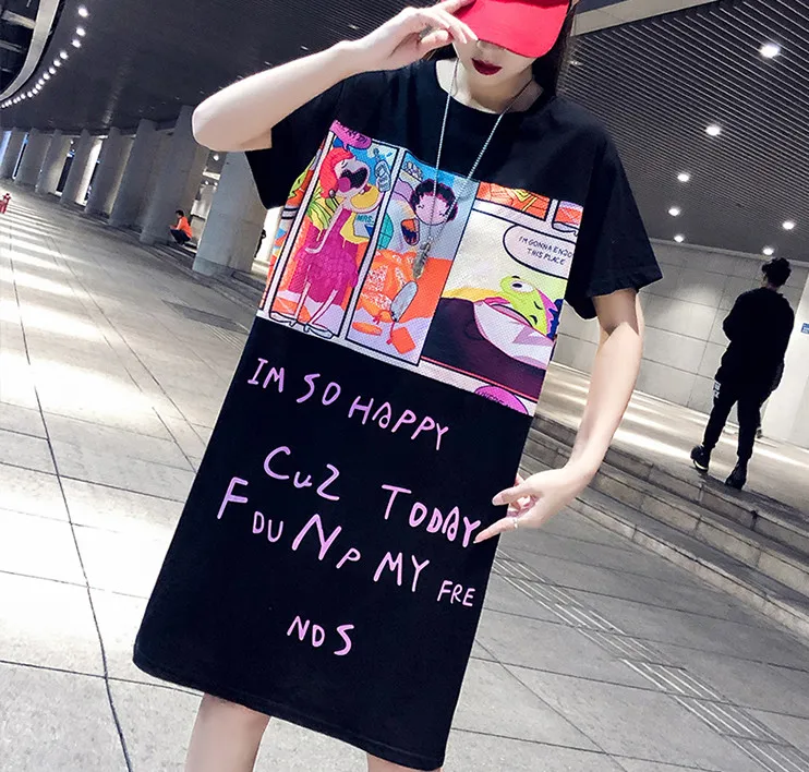 

Students Harajuku Cartoon Mesh T-Shirt Dress Street Wear See Through Quick Dry Above Knee Dress Plus Size Long Style Pullovers