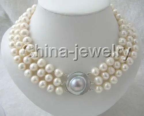 

Free Shipping >>> 17-19" 3row 10mm natural white round freshwater pearl necklace-silver Mabe clasp
