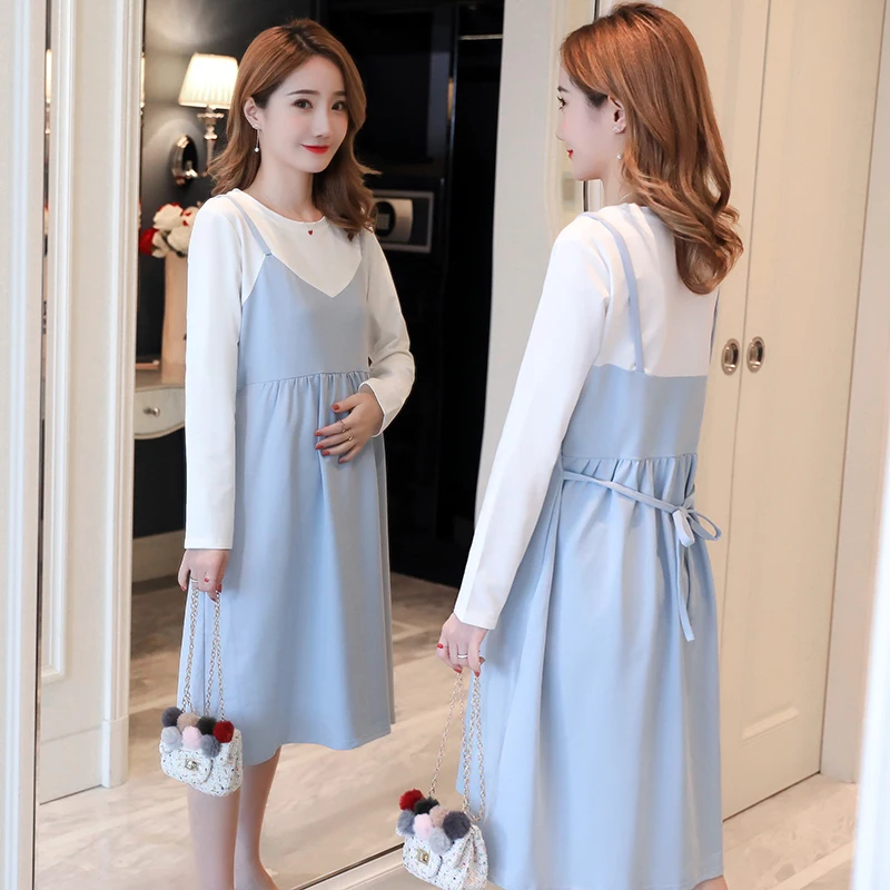 

9057# Sweet Pachwork Cotton Maternity Dress Ties Waist Loose Clothes for Pregnant Women Long Sleeve Autumn Spring Pregnancy Wear