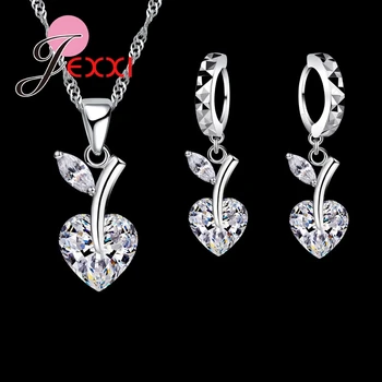 

Romatic Crystal Heart Jewelry Set 925 Sterling Silver Cubic Zircon Cherry Necklace Earring Wedding Jewelry Set