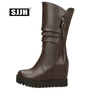 

SJJH Women Platform Snow Boots with Round Toe Slip-on Plush Mid-Calf Boots Autumn Fashion Casual Sweet Shoes Large Size A973