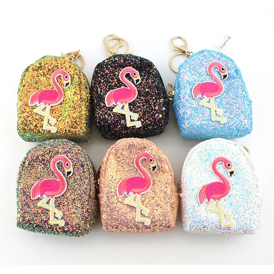 

5 Colors Fashion Bling Sequins Flamingo stationery bag Embroidery Coin Purse Multifunction Wallet Key Chain stationery holder
