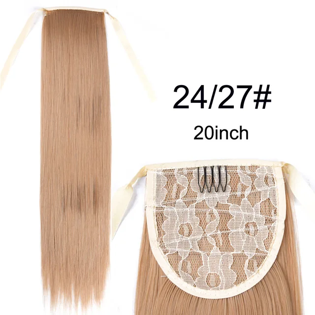 Leeons 20'' Synthetic Ponytail Hair pieces Heat Resistant Fiber Straight Ribbon Clip In Hair Extension 21 colors Brown Black 24 27 Drawstring