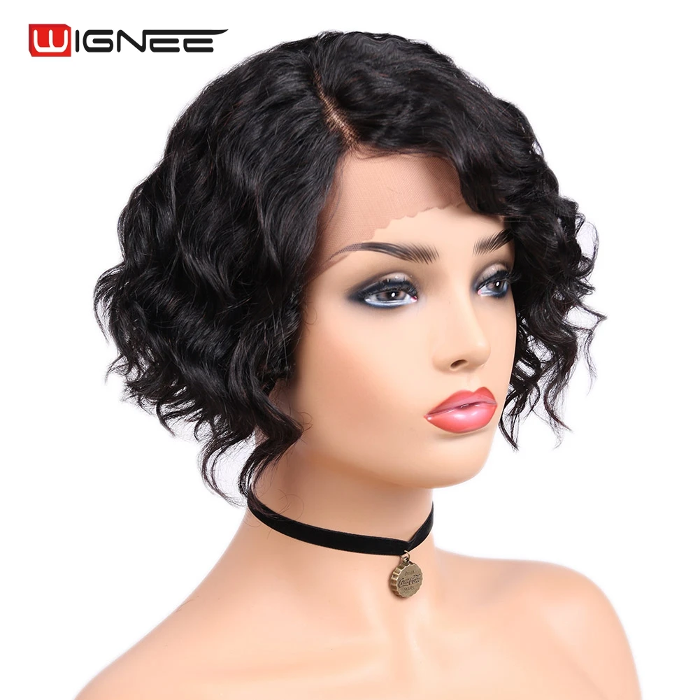 Wignee боковая часть кружева спереди 100% человеческих волос парик для черных женщин короткие волосы глубокий кудрявый парик Remy бразильский