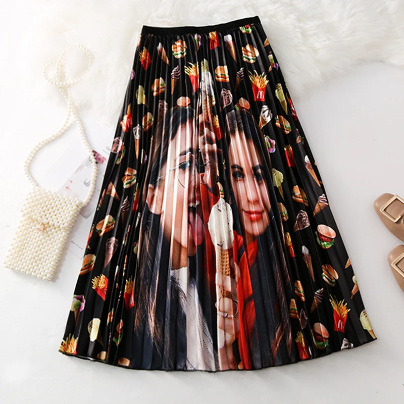 Женская модная плиссированная юбка,, эластичная юбка с высокой талией, мультяшная женская юбка, весна-лето, юбки средней длины, трапециевидная длинная юбка для женщин