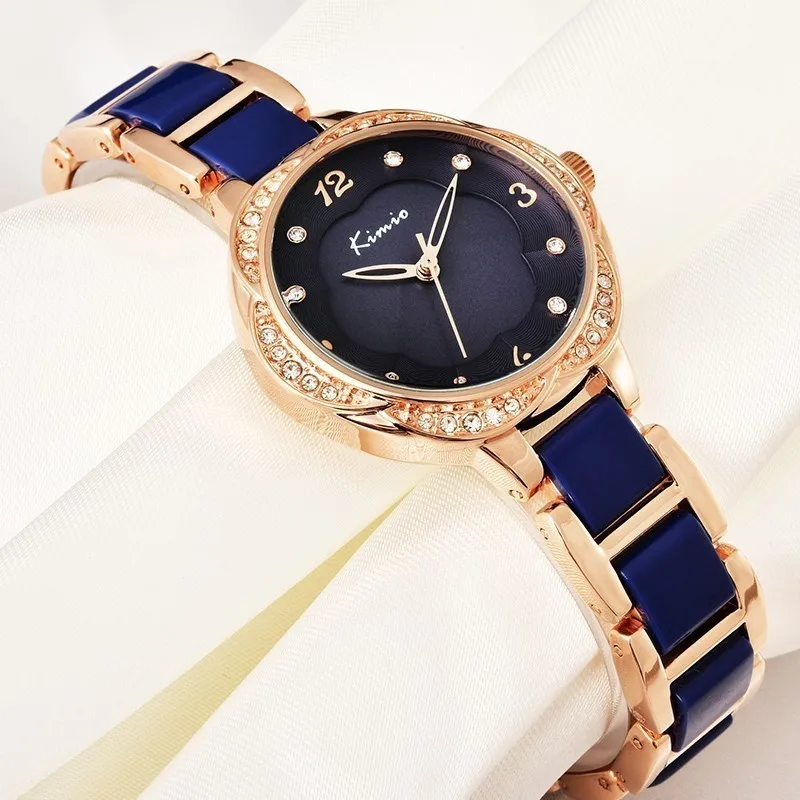 KIMIO Brand Plum Flower Dial Skeleton Willow Pointer Imitation Ceramic Resin Strap Diamond Rose Gold Watch Women Quartz-watch KIMIO Brand Plum Flower Dial Skeleton Willow Pointer Imitation Ceramic Resin Strap Diamond Rose Gold Watch Women Quartz-watch