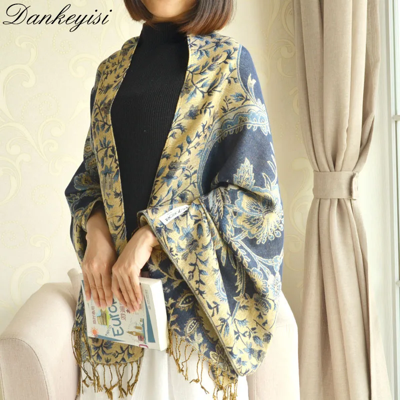 Женский шарф с цветочной вышивкой DANKEYISI осенне зимний кисточками|jacquard scarf|women's