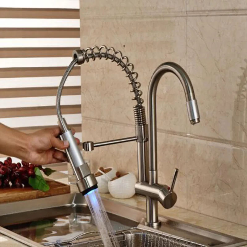 

Luxury LED Color Changing Kitchen Sink Faucet Double Sprayer Spring Mixer Tap Hot Cold Water Nickel Brushed