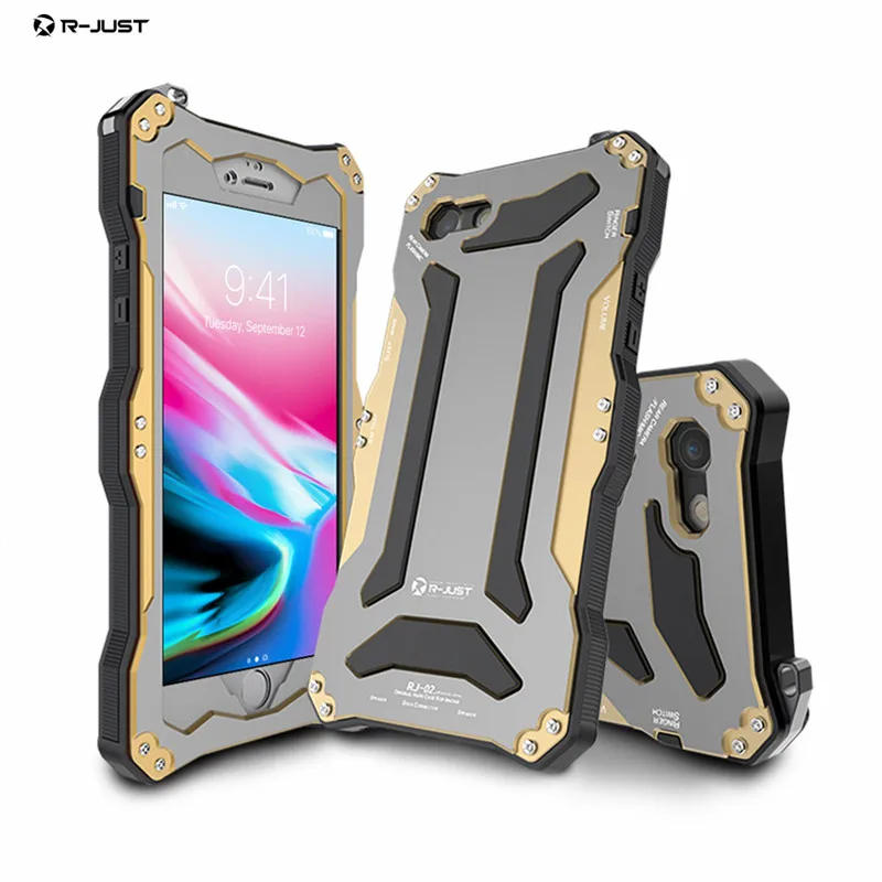 

R-JUST 3-Proof Metal Case For iPhone 8 8Plus Waterproof Shockproof Aluminum Armor Cover For iPhone 8 Plus i8 Powerful Case