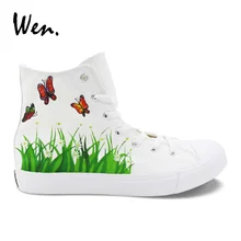 Вэнь парусиновая обувь белые туфли с высоким берцем и ручной росписью Сникеры с рисунком в виде граффити на плоской подошве, украшенные бабочками и цветами