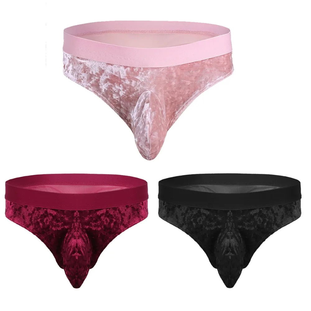 Yizyif Mens Pink Lingerie Panties Sheer Velvet Low Rise Bikini Briefs