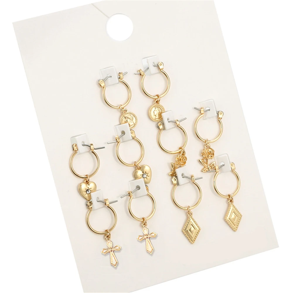 VIVILADY Fashion 5pairs Circle Round Hoop Earrings Women Gold Color Heart Queen Rose Crystal Hiphop Brincos Boho Jewelry Gifts - Image 2