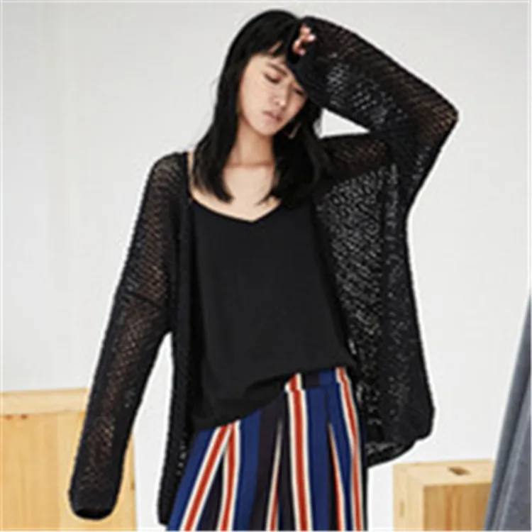  100%hand made pure cotton Vneck thin knit women loose H-straight hollow out cardigan sweater one&ov