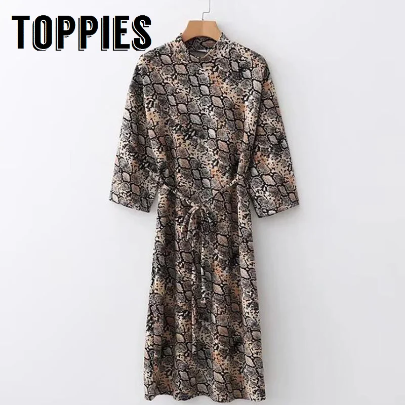 

Women Leopard Snake Print Dress Belt High Waist Midi Long Dress Three Quarter Sleeve Turtleneck vestidos