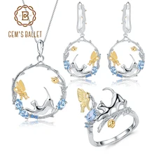 GEM'S балет натуральный Швейцарский украшения с голубым топазом наборы 925 пробы серебро ручной работы Кот и бабочка кольцо серьги кулон для женщин