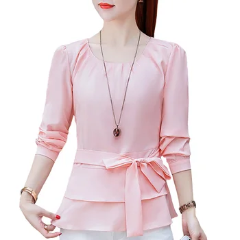

New Korean Lady Pink Chiffon Blouses Size S-3XL Solid Color Smart Waist Rayon Sweet Women White Shirts