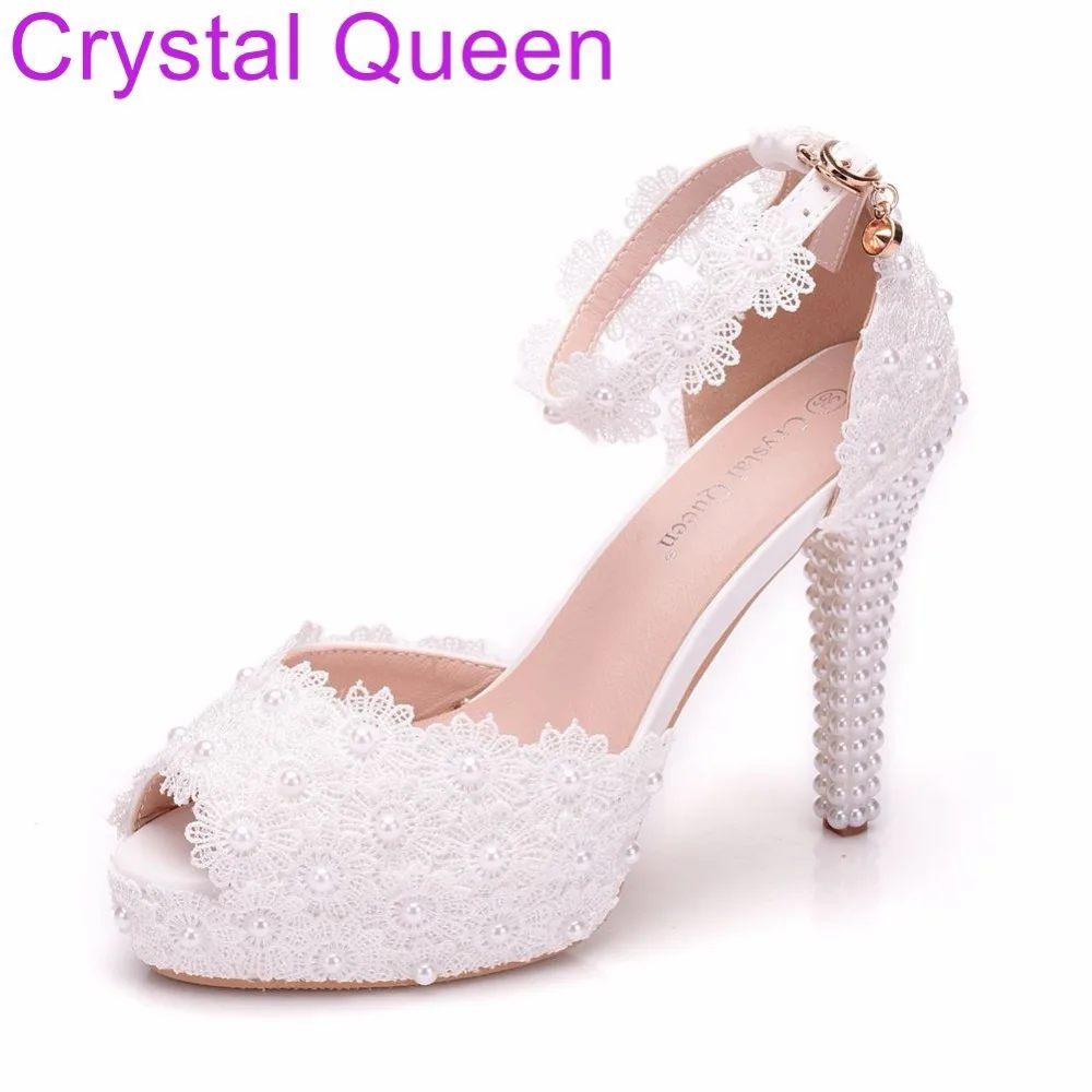 

Crystal Queen White Lace Pumps Shoes For Women Wedding Bridal Shoes 11CM Platform Shoes Peep Toe Thin Heel Pumps Shoes
