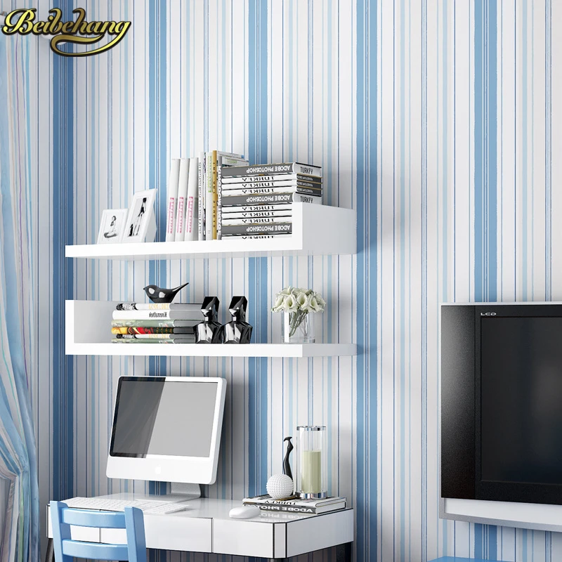 papel parede- Modern Mediterranean Blue Pink Stripe Wall Paper Non-woven Wallpaper Roll Decor Mural Creative Papel de Parede