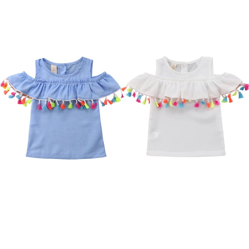 

Toddler Baby Girls Summer Sweet Casual T-Shirts Tops 2 Style Off Shoulder Short Sleeve Ruffles Solid Tassel T-Shirts 6M-4Y