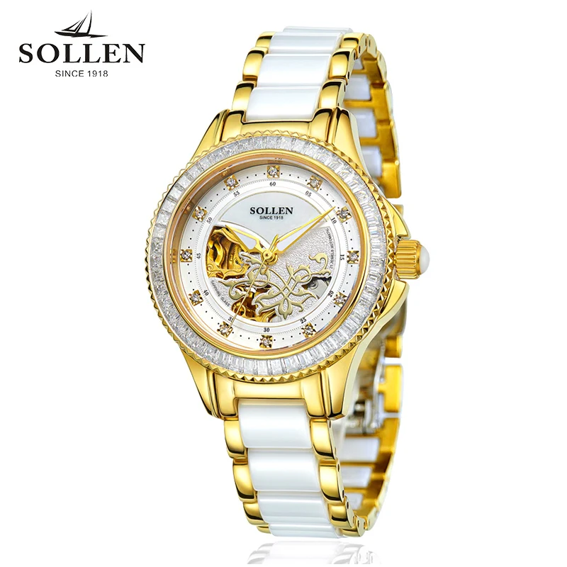 

Relogios Femininos SOLLEN genuine ladies watch fashion waterproof clock automatic mechanical watch female hollow female watch