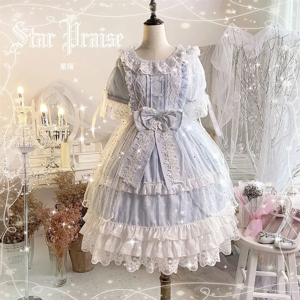 

original sweet lolita dress Summer kawaii girl fresh lace bowknot o-neck victorian dress retro palace gothic lolita op loli cos