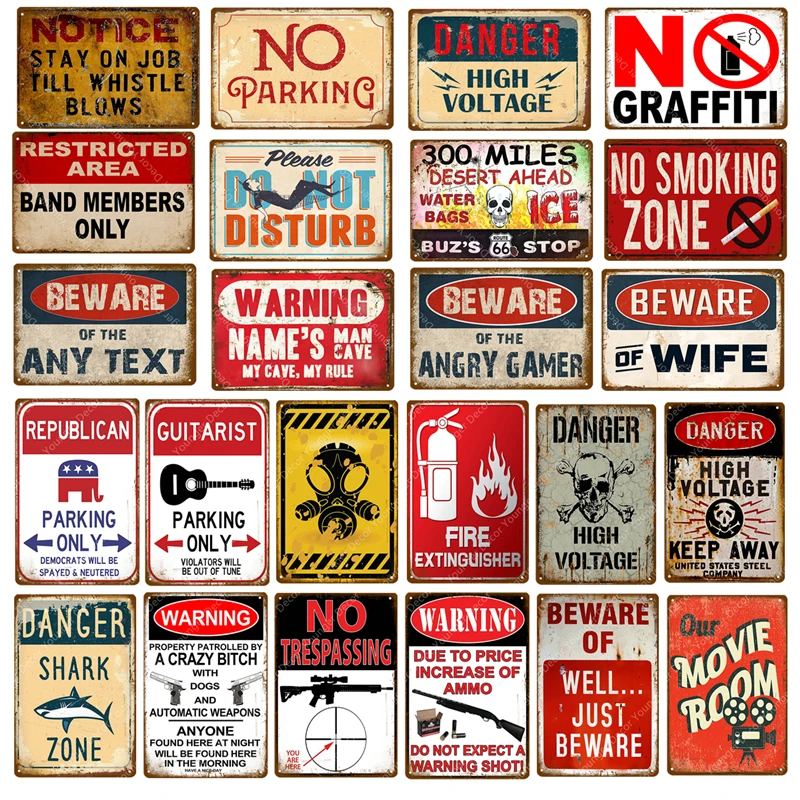 

Warning Signs Danger Shark Zone High Voltage Vintage Metal Poster Beware Of Wife No Parking Plaque No Trespassing Wall Decor