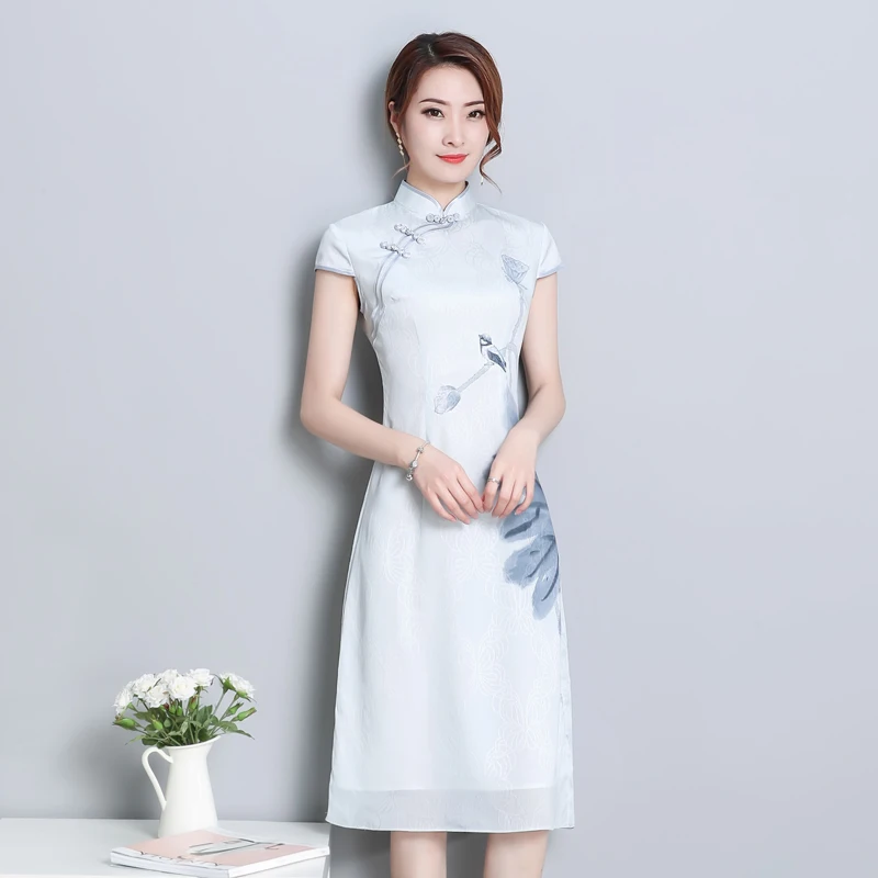 

2019 summer ao dai cheongsam folk style vietnam chiffon aodai graceful stand collar elegant women chinese traditional dress suit