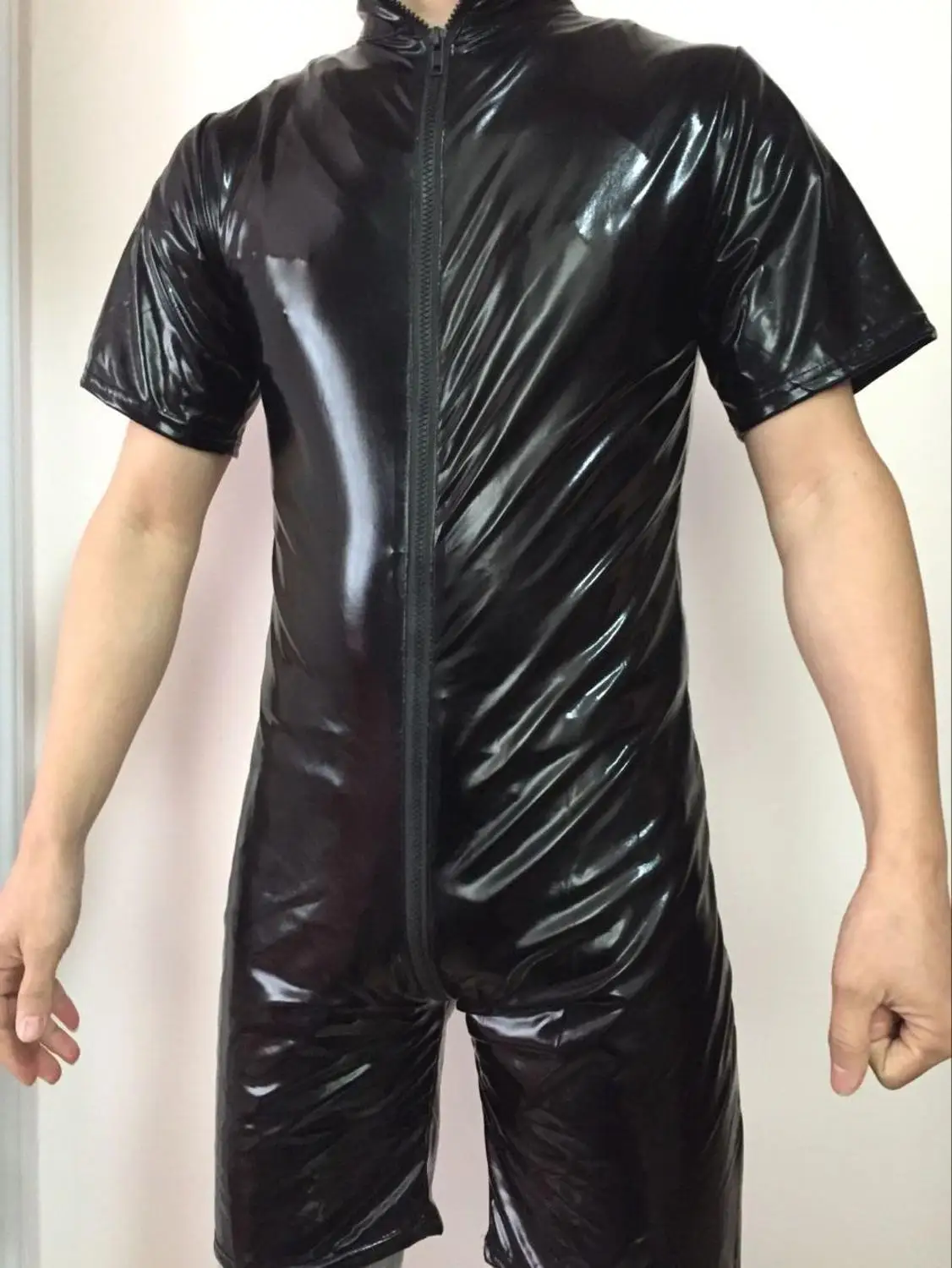 Размера плюс S-XXL мужской pvc кожаный Детский костюм красные, черные открытые комбинезон с молнией до промежности Мужские Фетиш латексная Клубная одежда Комбинезон белье - Цвет: Zipper over crotch