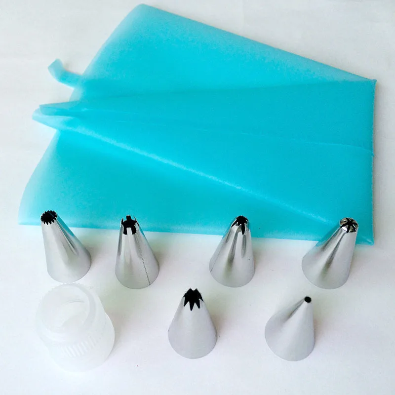 Silicone Icing Piping Cream Pastry Bag + 6 x Stainless Steel Nozzle Set