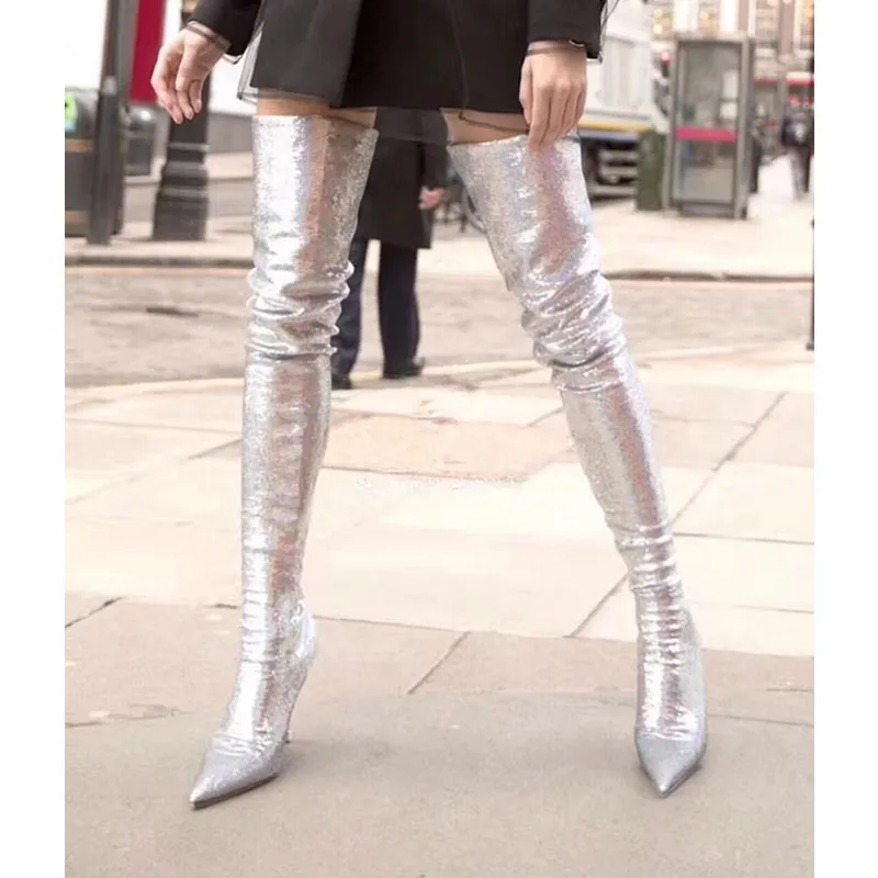 

Womens Sequined Cloth Over Knee Boots Pointed Toe Stilettos High Heels Shoes Sequins Leopard Knight Socks Boots C21