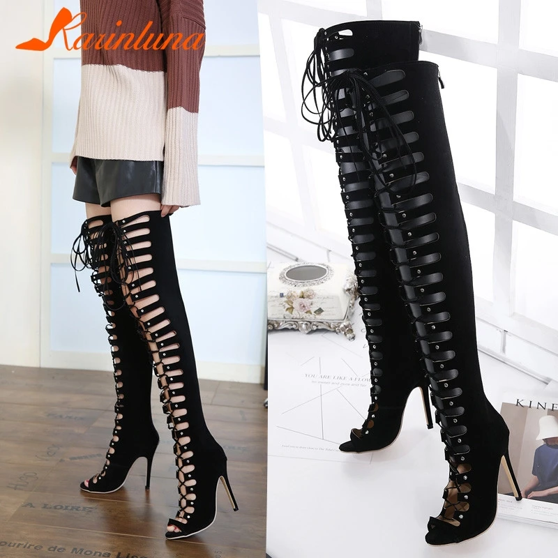 KARINLUNA Brand New Big Size 40 Cross Tied Zip Ladies High Heels Hollow Shoes Woman Casual Party Sexy Summer Over The Knee Boots