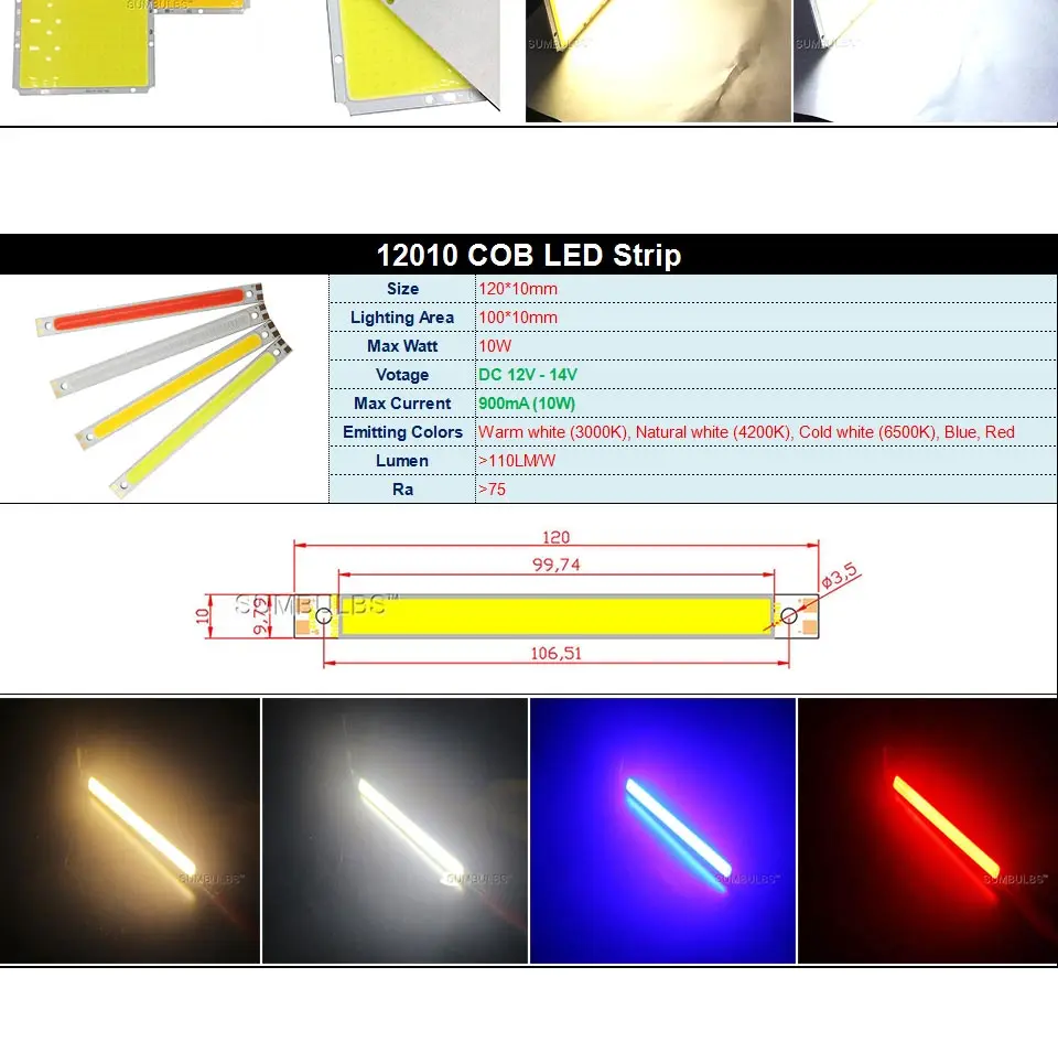 DC12V COB LED Strip Light Source 5W 10W 20W 50W 200W 300W LED Bulb White Blue Red Flip Chip COB Lamp DIY House Car Lighting 12V (5)
