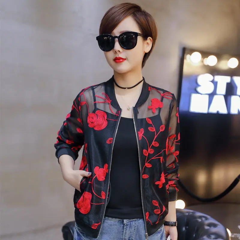 

Summer Embroidery Short Jacket Women Sun Protection Clothes Fashion Sweet Thin Coat Baseball Bomber Jacket Chaqueta Mujer C4486