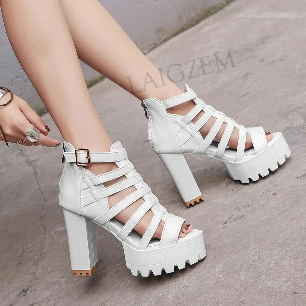 LAIGZEM FASHION Women Sandals Chunky Heels Sandals Straps Back Zipper Faux Leather Ladies Shoes Summer Woman Big Size 33-45 (4)