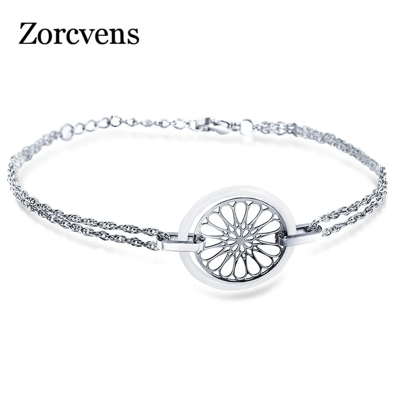 ZORCVENS Белый Черный цветочная керамическая браслет из нержавеющей стали перфорированный Круглый браслет для женщин