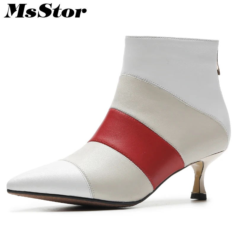 

Msstor Women Boots 2018 Fashion Zipper Mixed Colors Ankle Boots For Woman Pointed Toe Thin Heels Med Heel Boot Shoes For Girl