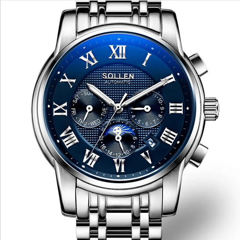 

Cool Men Sports Designer Multi-functional Mechanical Watches Auto Self-winding Calendar Watch Workable 3 Eyes Roman Wrist watch
