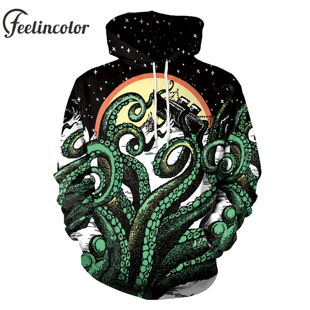 

Feelincolor Hoodies Men 3D Printed Octopus Hoodie Pullover Unisex Green Long Sleeve O-neck Sweatshirt Mens 2018 Hoody Tracksuit