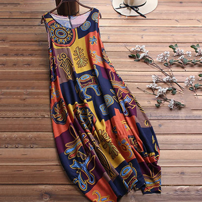 

Women Leisure Dress Bohemian Loose Solid Color Long Sleeve Print Big Size M~2XL Ethnic Dresses
