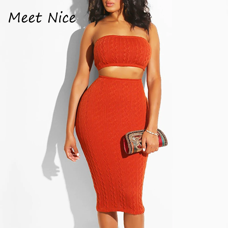 

2 Two Piece Set Women Outfits Strapless Crop Top And Skirt Set 2 Piece Set Woman Two Pieces Knee Length Skirt Sets Top 2018