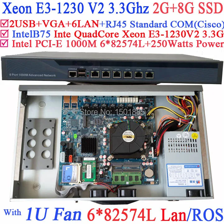 1U межсетевой маршрутизатор четырехъядерный Xeon E3-1230 V2 3,3 ГГц с 6*1000 м 82574L Gigabit NIC 2* intel i350 SFP 2G ram 8G SSD