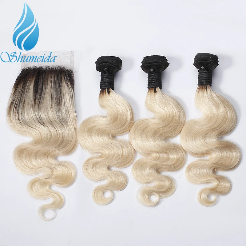 

Shumeida Ombre Blonde Hair Bundles With Closure Brazilian Human Remy Hair Weft 1b/613 Color 4*4 Top Lace Closure Baby Hair