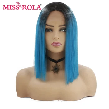 

Miss Rola lace front synthetic wigs Straight Hair Middle Part Bob Wig For Women 12 Inches 190g Ombre Black Blue Color