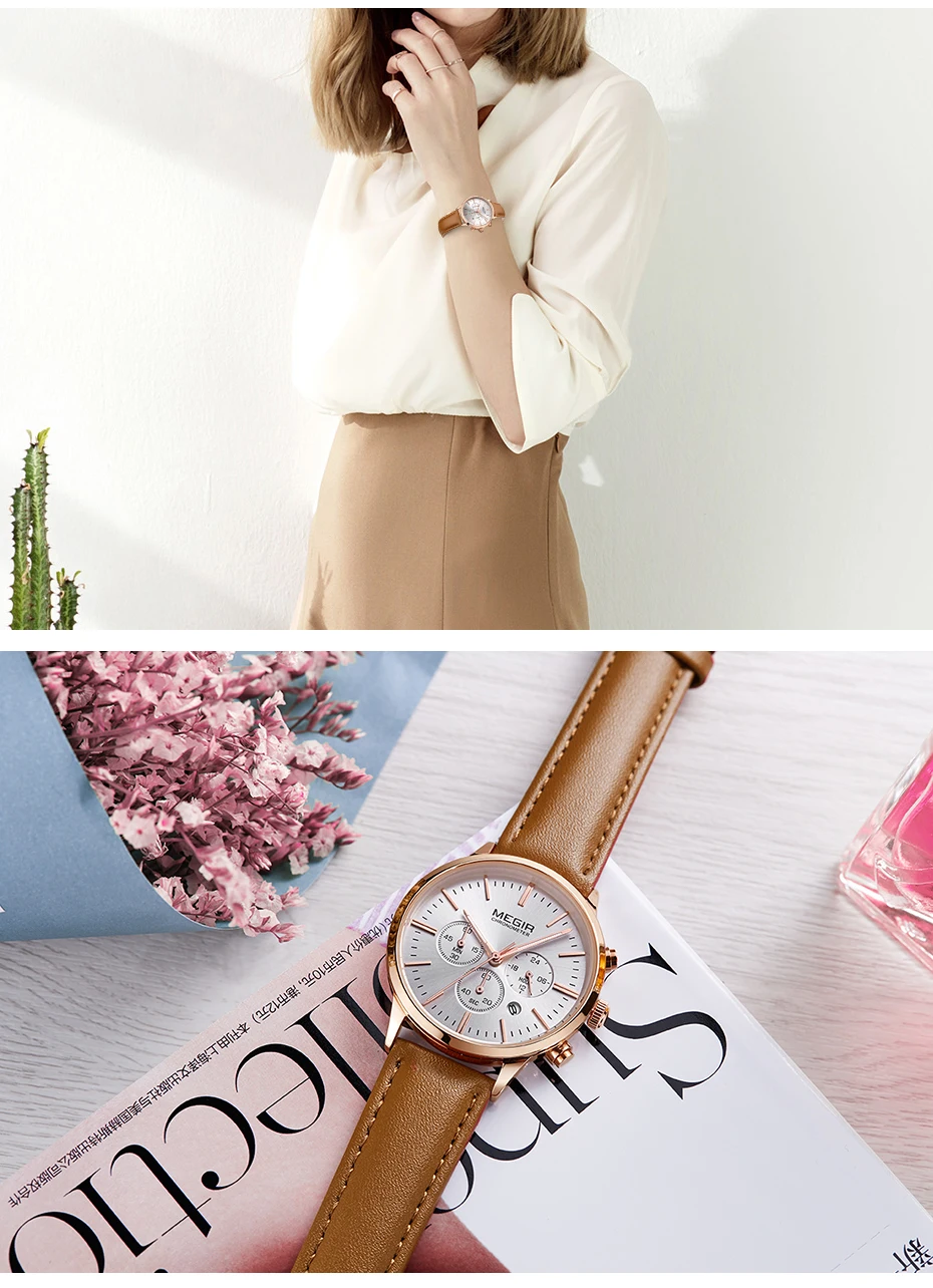 MEGIR Роскошные женские кварцевые часы Топ бренд дамы хронограф ультра тонкие часы леди водонепроницаемый браслет наручные часы для женщин
