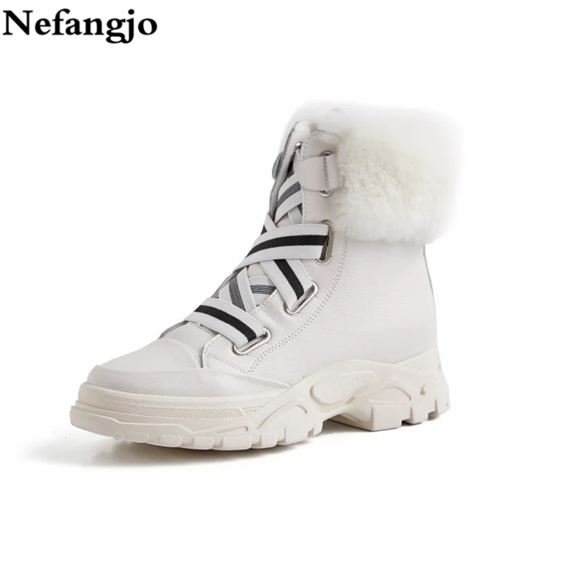 

Nefangjo 2018 Winter Shoes Women Fashion Genuine Leather Wedges Lace-Up Fur Warm Snow Boots Casual Non-Slip Ankle Boots Women