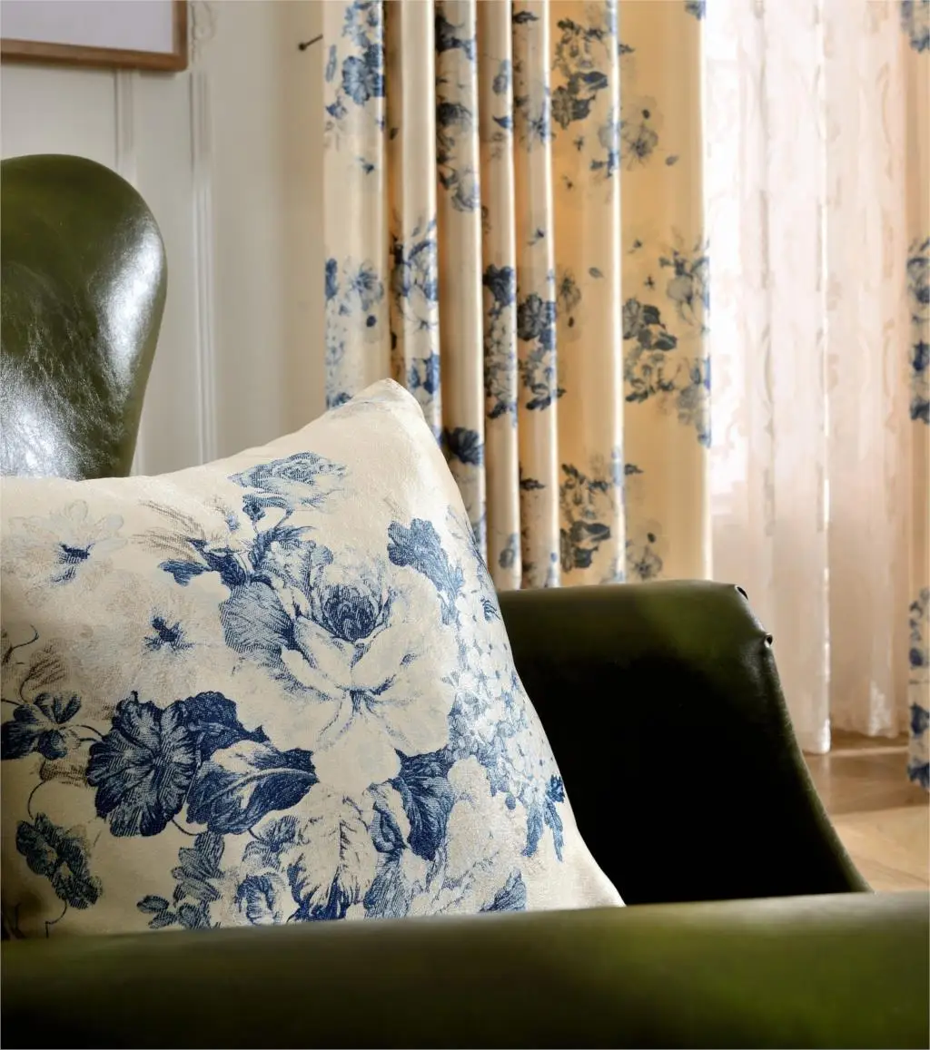 

2017 New Blue High-grade Velvet Feel Chinese American Contracted Printing Shading Sitting Room Curtain Customized window Screen